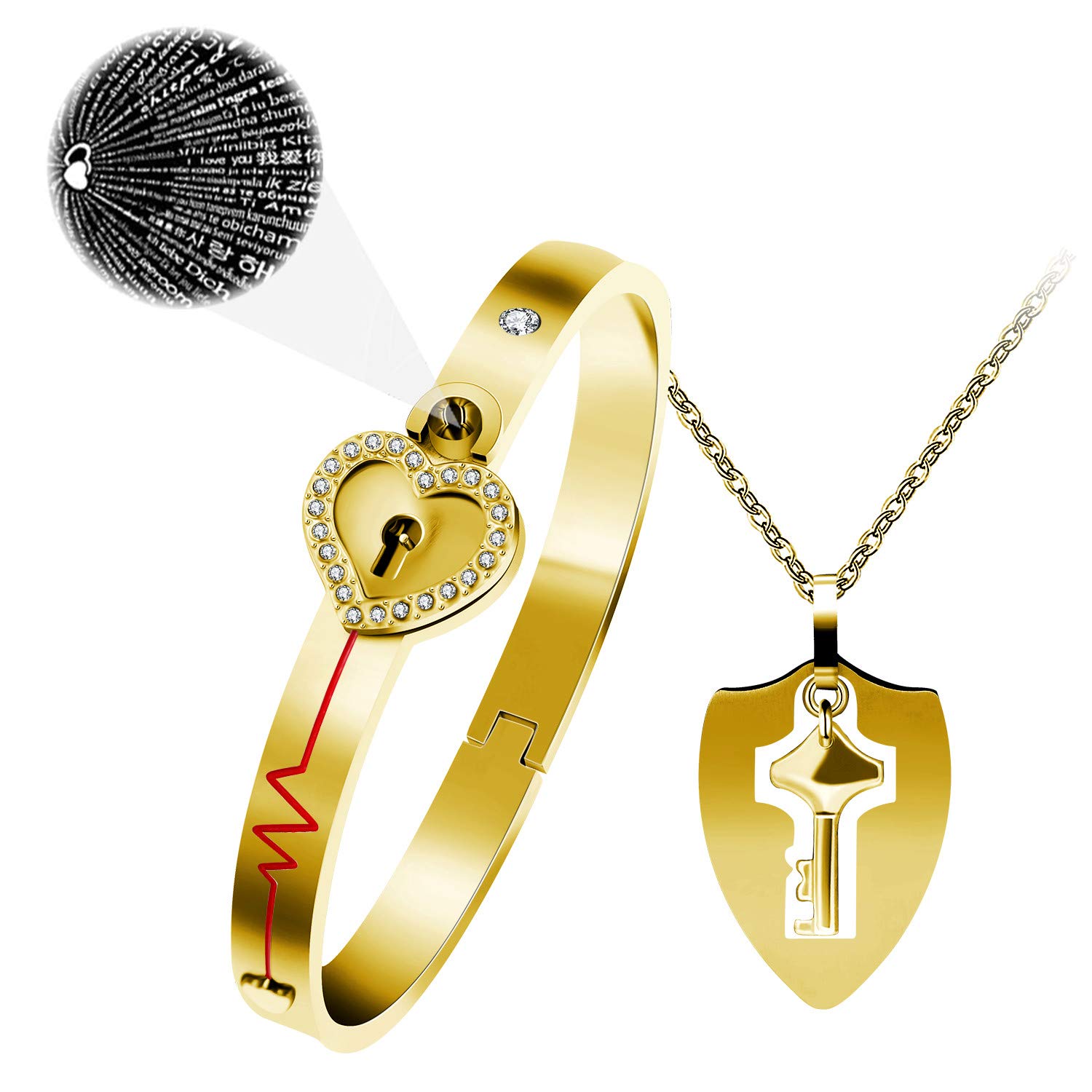 Gold Plated Stainless Steel 100 Languages I Love You Heartbeat Heart Bangle Bracelet and Shield Key Pendant Necklace for Couples Y953 (Gold) — image 1