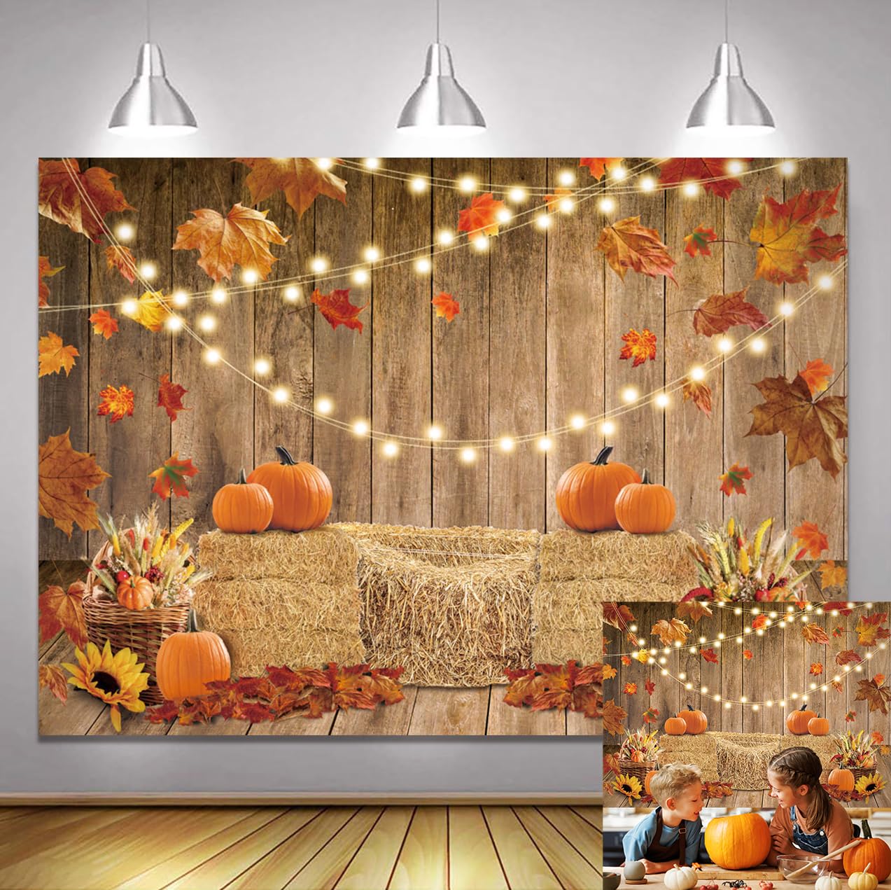 Halloween Backdrops Happy Thanksgiving Autumn Harvest Backgrounds Haystack Pumpkins Maple Leaves Photography Background for Family Photo Studio Props (2.1x1.5m)