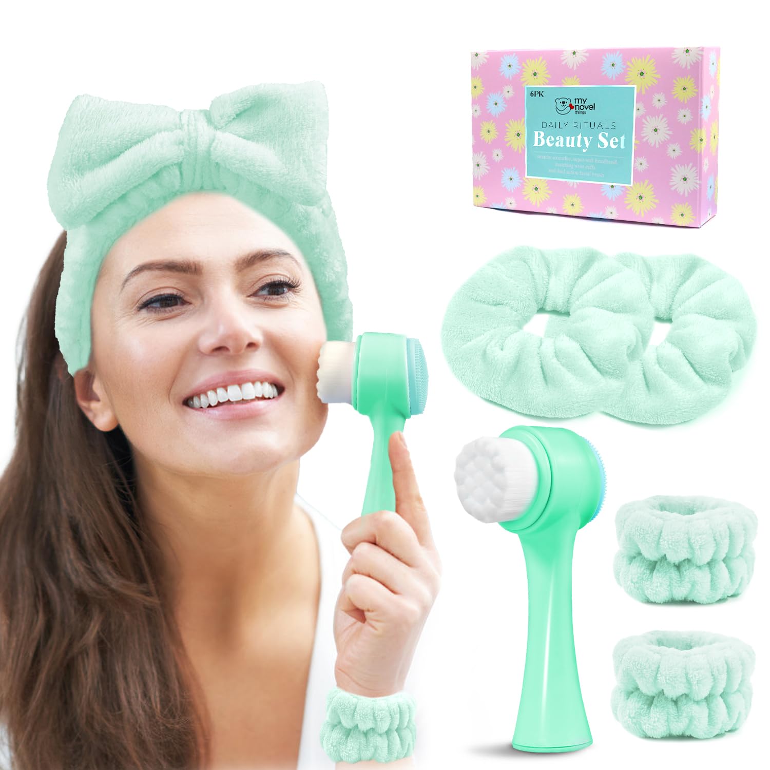 Photo 1 of my novel things Facial Cleansing Brush, Spa Headband for Washing Face, Skincare Headband and Wristband Set, 2-in-1 Skin Care face Brush, Come with a Hair Scrunchie, for Massaging Makeup Skincare-Blue