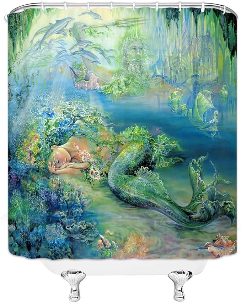 AMHNF Mermaid Shower Curtain Fantasy Ocean Marine Life Mermaid Girl in Seaside Home Bathroom Decor Quick Dry Fabric with 12 Hooks，70x70 Inch，Green Blue