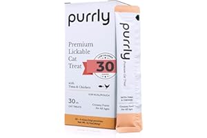 Purrly Cat Treat Topper Lickable Wet Squeezable Healthy Human-Grade Tuna & Chicken Breast with Prebiotic and Dietary Fiber for Indoor Cats (30 Count) Grain-Free Non-GMO No-Preservatives
