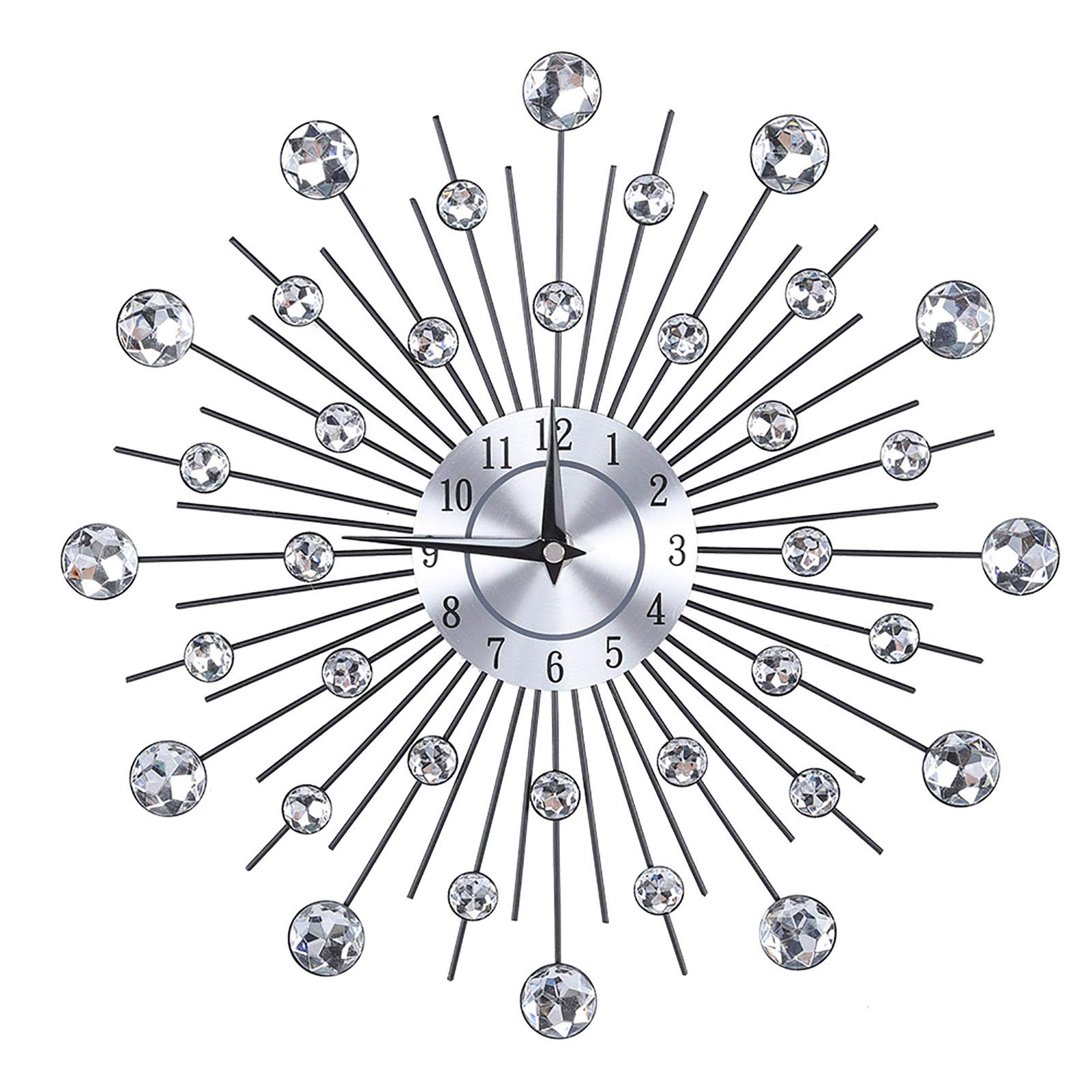 Sunbrust 3D Wall Clock Removable Sparkling Bling Diamante Silent Metallic Silver Beaded Jeweled Round Diamond Design Hanging Crystal Decor for Living Room Office(1#)