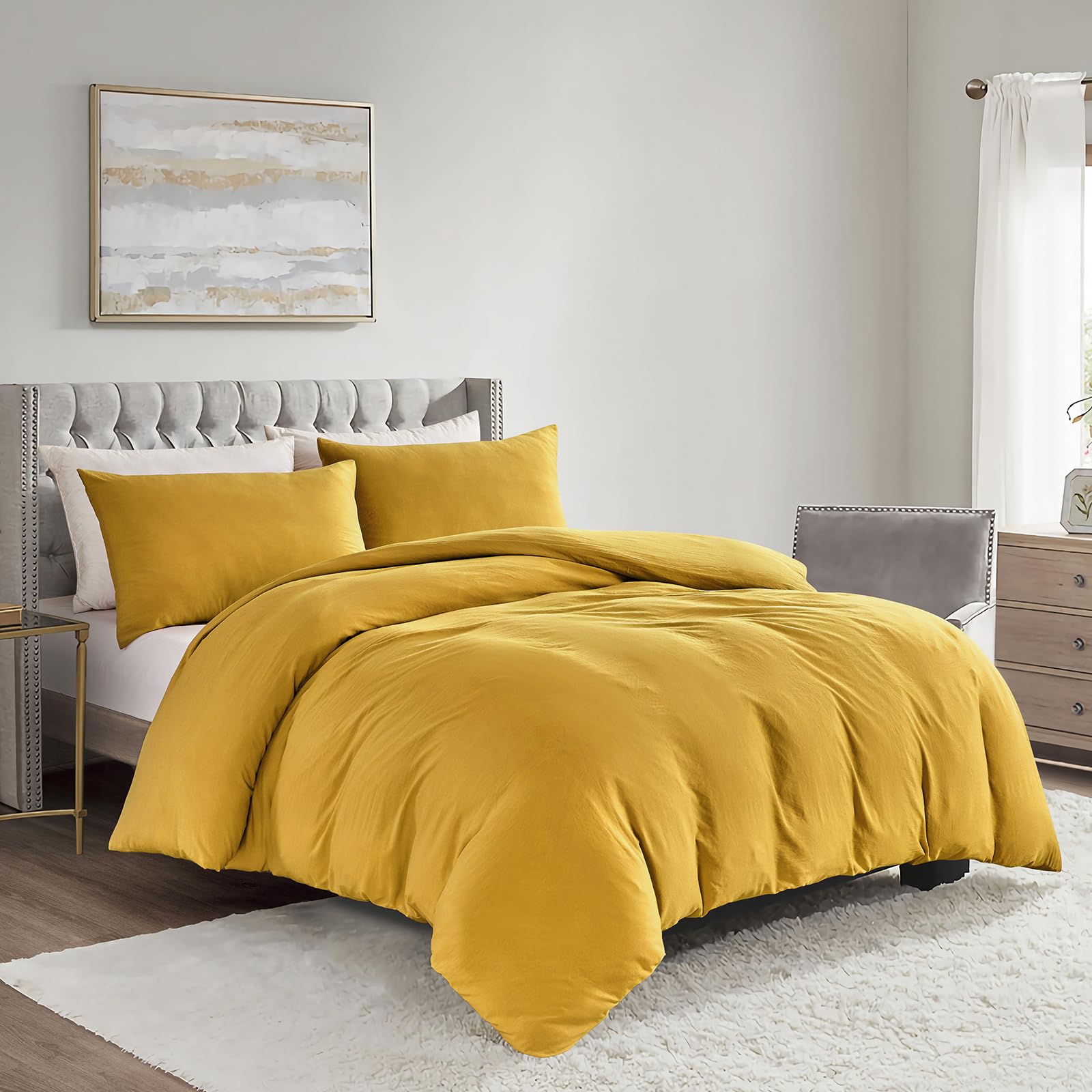 KASYLAN Duvet Cover Set - Washed Microfiber Bedding Set with Zipper Closure, Soft and Comfortable with Pillow case - Bedding Quilt Cover Set (King, Yellow) — image 1