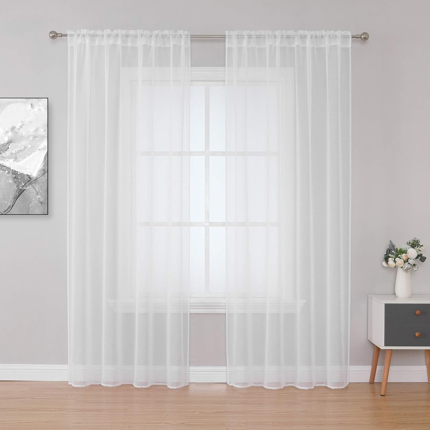 White Faux Linen Sheer Curtains 95 inches Long Rod Pocket