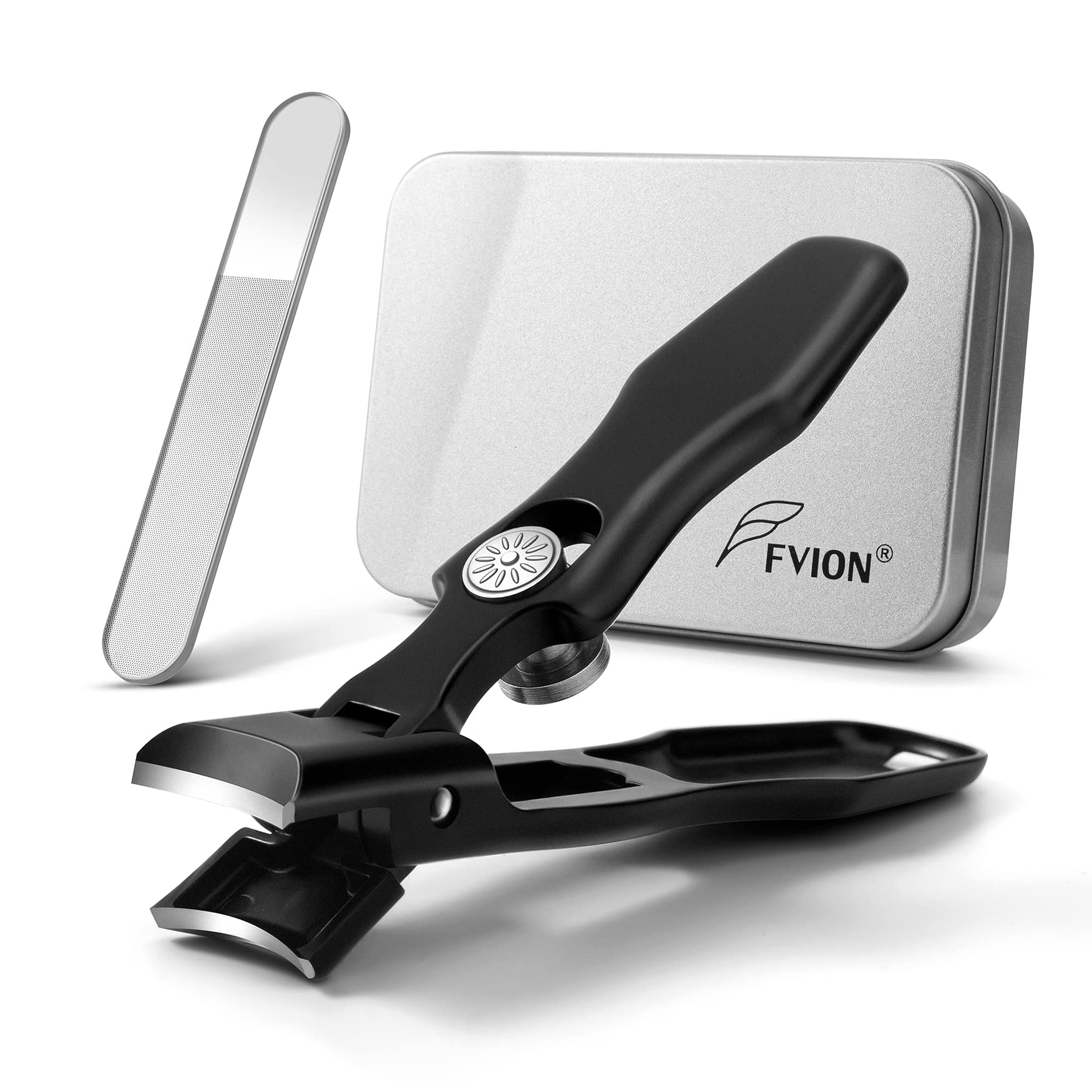 FVION Professional Nail Clipper with Glass Nail File, Wide Jaw Heavy Duty Nail Cutter - No Splash Toenail Clipper for Thick Nails with Lock & Catcher in a Beautiful Gift Box