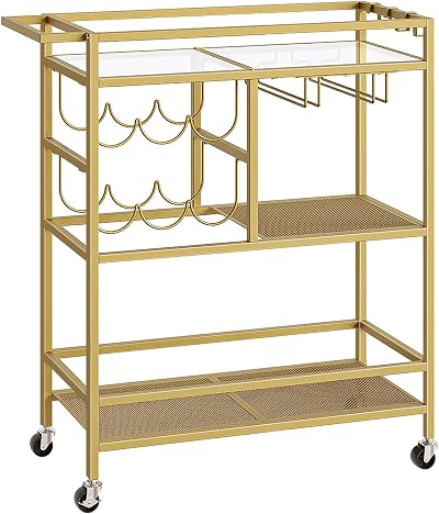 MAHANCRIS Bar Cart 3-Tier with Wine Rack and Glass Holders Gold ARCJ61B01
