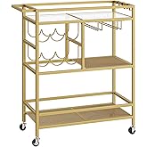 MAHANCRIS Bar Cart for Home, 3-Tier Serving Cart with Wheels and Handle, Beverage Cart with Wine Rack and Glass Holders, Roll