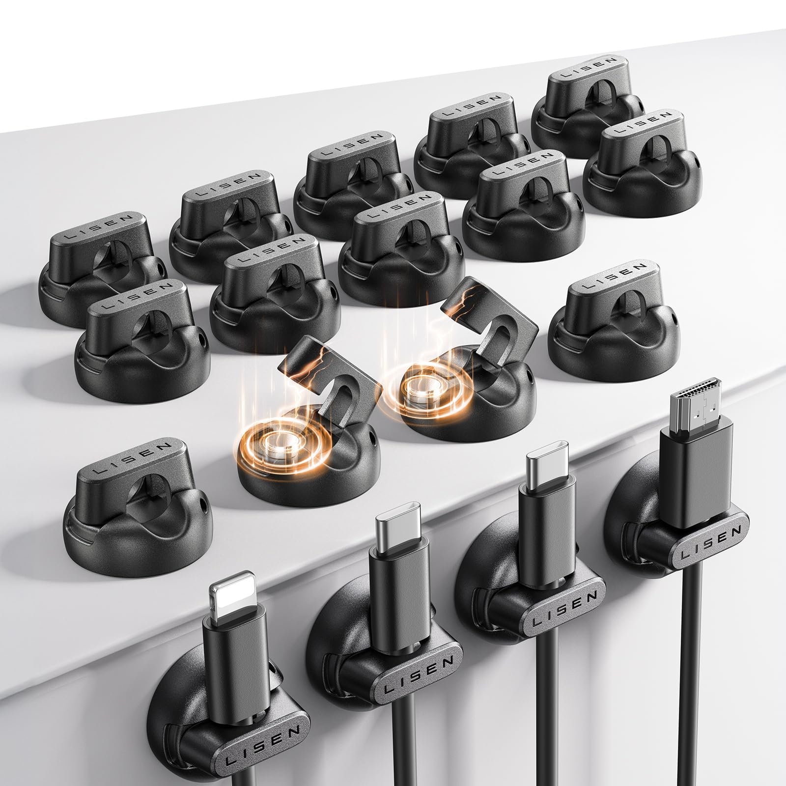 Photo 1 of 18-Pack Magnetic Cable Clips [1S Snap-On] Cord Holder, LISEN Office Desk Organizers and Accessories with 9 Extra Strong Adhesive Pads, Wire Organizer for Nightstand, Home, Wall, Car, Desktop