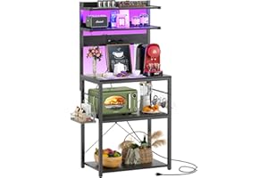 Aheaplus Bakers Rack with Power Outlet, Microwave Stand, 5 Tiers Coffee Bar Station with Led Lights, Kitchen Storage Shelf with 6 S-Shaped Hooks, Kitchen Rack for Spices, Pots and Pans, Black