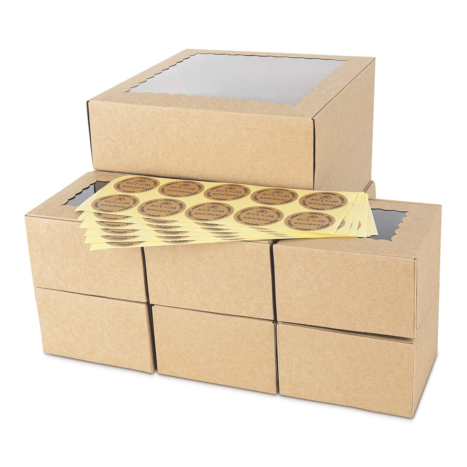 30PCS Brown Bakery Pie Boxes, Large Kraft Cookie Boxes with PVC Window Natural Disposable Box 3 Sizes(15pcs=4