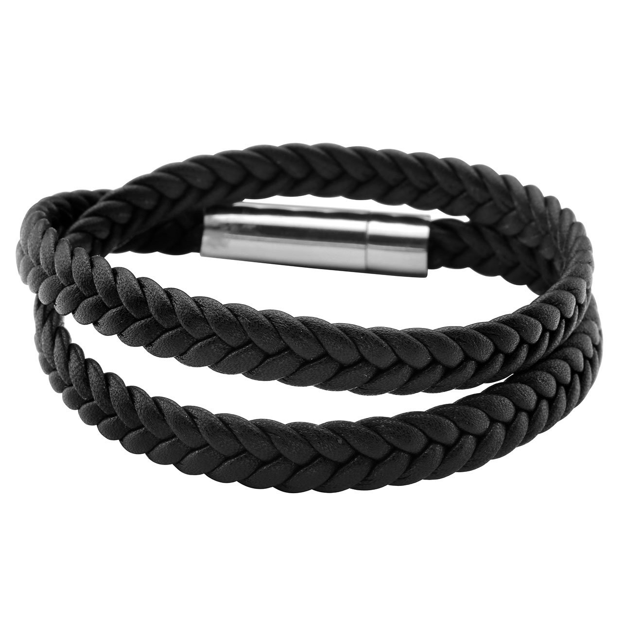 PiercingJ Bijoux Bracelet Leather Cuir Veritable 2 Wraps Circonferences Tressé Large Lien Poignet Chaîne de Main avec Fermoir en Acier Inoxydable Biker Femme Homme