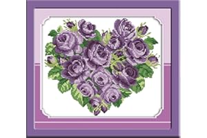 CaptainCrafts Cross Stitch Kits, New Counted Kit Unprinted 14CT Fabric Cross Stitching DIY Art DMC Needlecrafts Embroidery Kit for Adults Beginner (White, Rose Heart Purple)