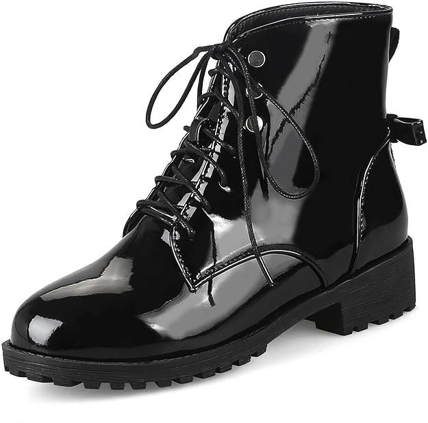 Damen Combat Boots Flach - Punk Stiefeletten Mit Schnürung In Metalloptik Für Herbst & Winter