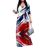 PinkPatty Plus Size Maxi Dresses for Women Casual Flowy Long Dress 3/4 Sleeve V Neck Wrap Dress with Belt