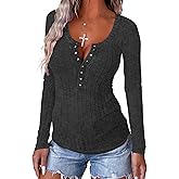 APOFER Women's Long Sleeve Tunics Lightweight Ribbed Knit Blouse Scoop Neck Tops Snap Button Slim Fit Casual Henley Shirt
