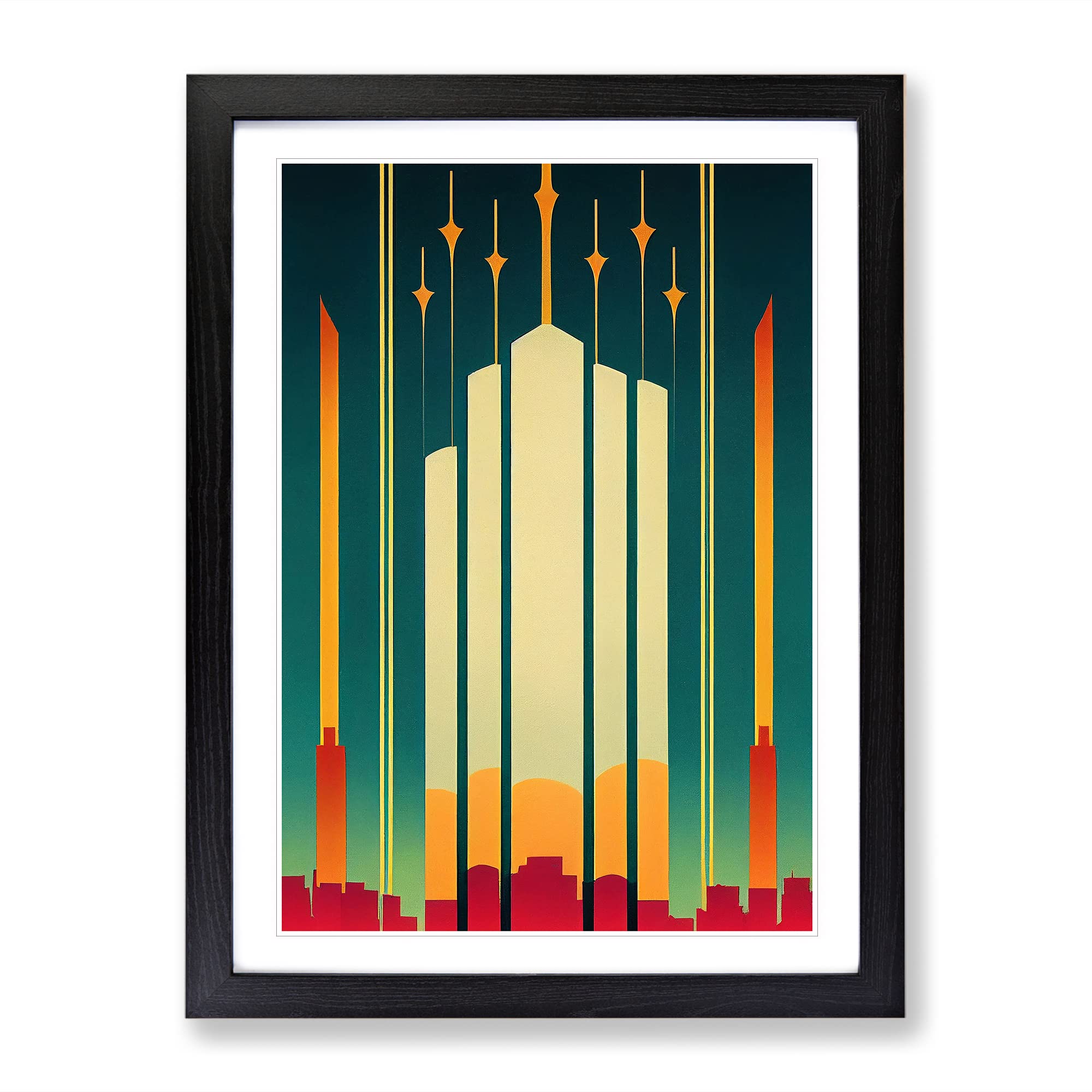 City Skyline In Art Deco No.3 Framed Print | A3 Black Framed Wall Art | Ready to Hang | Art Deco Cityscape Picture | Living Room Bedroom Lounge Office