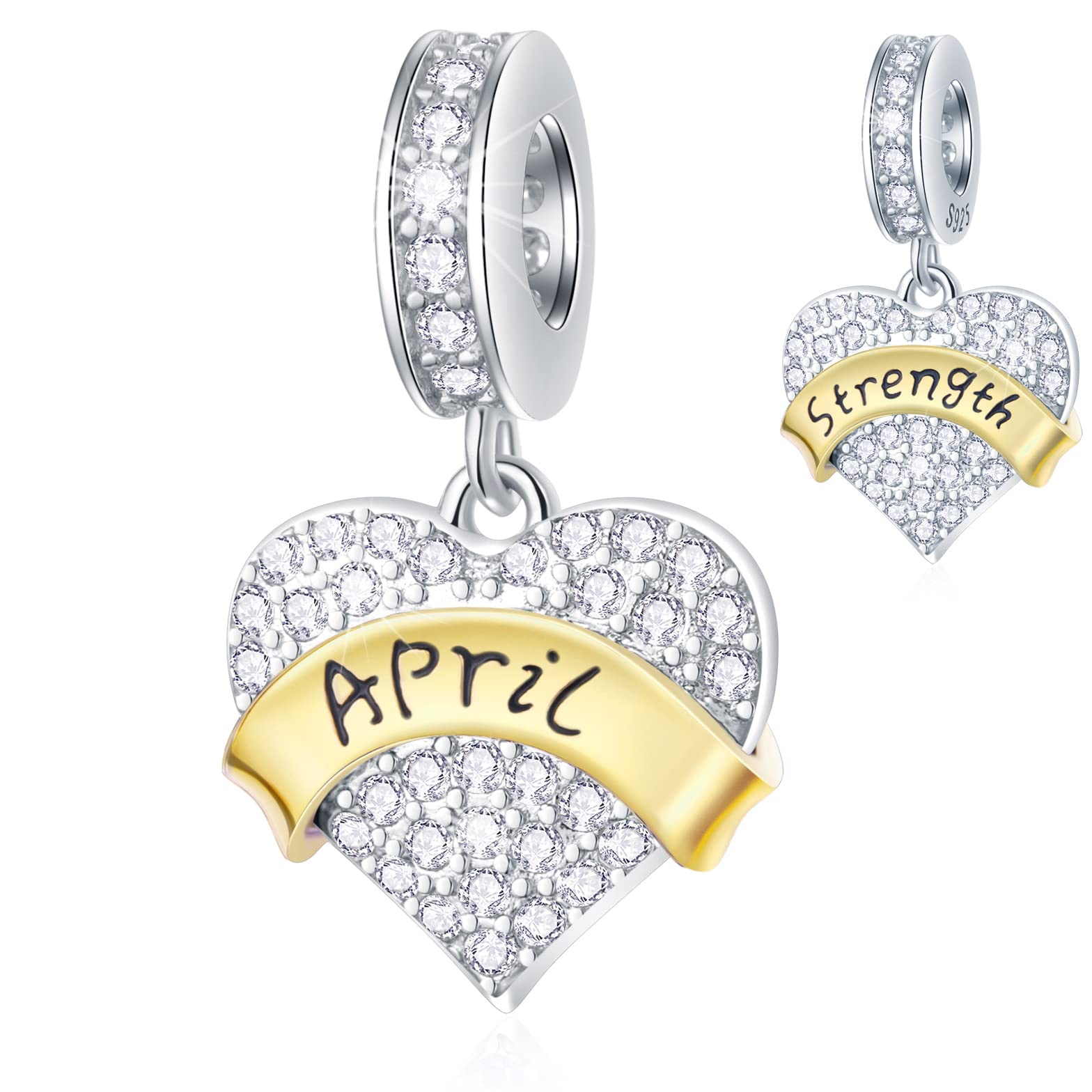 April Birthstone is Strength Heart Charms, fits Pandora Mothers Day Necklace Bracelet, 925 Sterling Silver Clear Sparkle Pendant Beads, Gift for Goddaughter/Mom Birthday/Sister