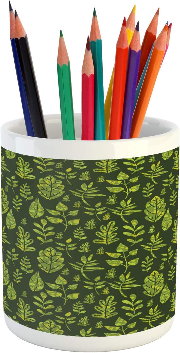 Ambesonne Sage Pencil Pen Holder, Patterned Green Leaves Nature Inspired Composition Fresh Trees Woodland, Ceramic Pencil Holder for Desk Office Accessory, 3.6