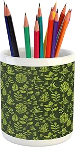 Ambesonne Sage Pencil Pen Holder, Patterned Green Leaves Nature Inspired Composition Fresh Trees Woodland, Ceramic Pencil Holder for Desk Office Accessory, 3.6