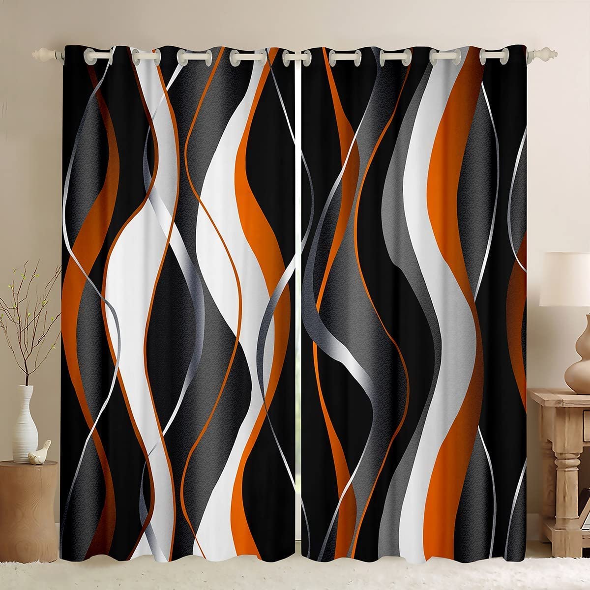 Loussiesd Orange Grey Black Curtains Geometric Spiral Pattern Window Drapes for Boys Girls Modern Luxury Blackout Curtain Abstract Art Window Treatments W52*L90 — image 1