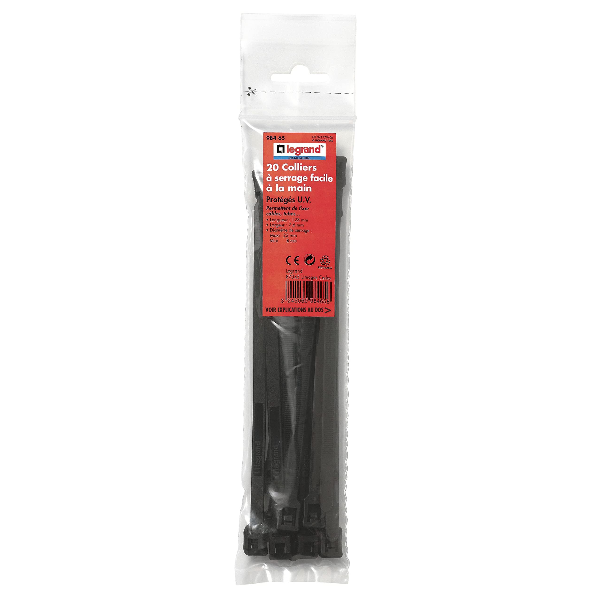 Legrand LEG98465 Zip Ties 7.6 x 128 mm Interior Exterior Pack of 20 Black