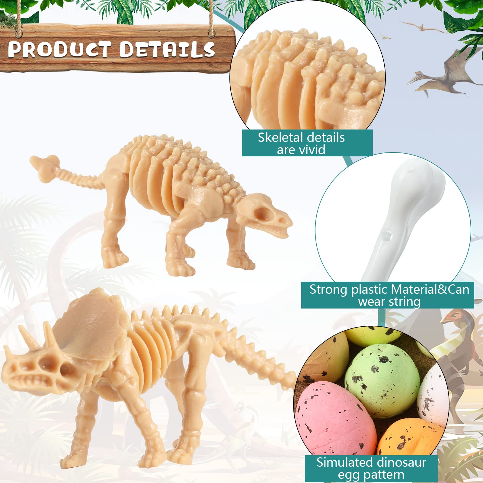 24 Pcs Dinosaur Fossil Skeleton Dino Bones Sand Dig Colorful Foam Dinosaur Eggs and 4 White Plastic Bones Toys for Kids Science Play Dino Sand Halloween Party Decor Supplies(Light Brown)