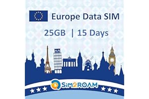 SIM2ROAM Europe Data ONLY SIM Card 15Days | 25GB of 5G/4G LTE High Speed Prepaid Data Sim Card | Good Connection | REFILLABLE! (25GB / 15Days)