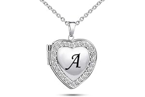 KunBead Letter Initial Love Heart Photo Locket Pendant Necklace that Holds Pictures Custom Personalized Jewelry Crystal Locke