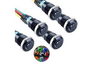 DMWD 5Pcs 12mm Metal Raised Head Latching Push Button Switch Black Shell with Cable 12V-24V 1NO ON/Off 1/2" Mounting Hole Halo Ring LED Multicolored (Blue/Red/Green/Yellow/White)