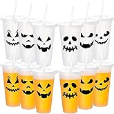 LemonRoad 12 Set Halloween Plastic Cups with Flat Lids and Straws 24 oz Reusable Jack-o-lantern Pumpkin Plastic Tumblers Clear Halloween Pumpkin Face Water Cups Bulk Gift