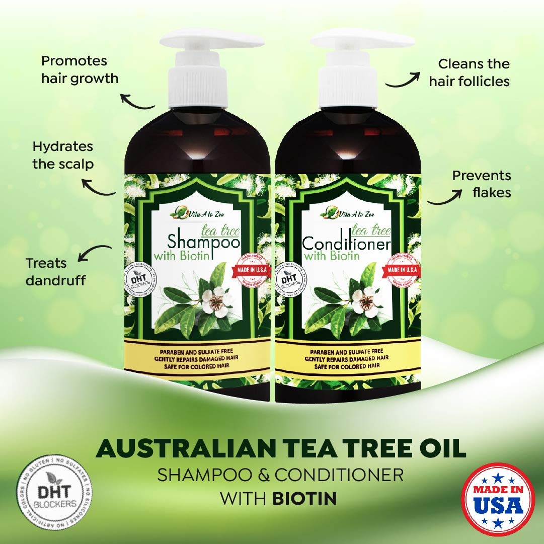 Tea Tree Oil & Biotin Shampoo & Conditioner Set for Men & Women | Professional Strength Formula | Refreshes & Stimulates Hair & Scalp | Moisturizing, Conditioning & Anti Hair Loss with DHT Blockers
