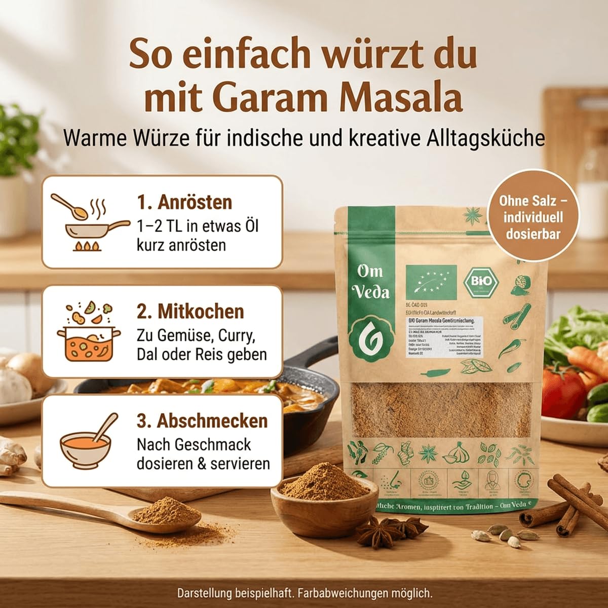 BIO Garam Masala Gewürzmischung 150g | Aromatische Premium Gewürzmischung für Currys, Eintöpfe, Chutneys, Marinaden | Fein gemahlen, ohne Salz | Vegan, glutenfrei, ohne Zusatzstoffe | OmVeda 8