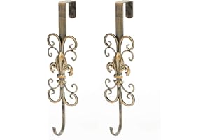 Jemeni 2 Pack 16" Wreath Hanger for Front Door, Metal Over The Door Wreath Hook, Fleur De Lis and Scroll Design, Antique Gold