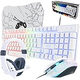 Gaming Keyboard and Mouse and Gaming Headset & Mouse Pad, Wired LED RGB Backlight Bundle for PC Gamers Users - 4 in 1 White Edition Hornet RX-250