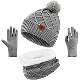 YARIEW Winter Hat Neck Warmer and Gloves Set for Women, Warm Knitted Beanie with Pom Pom, Soft Ear Warmer Scarf, Warm Gloves