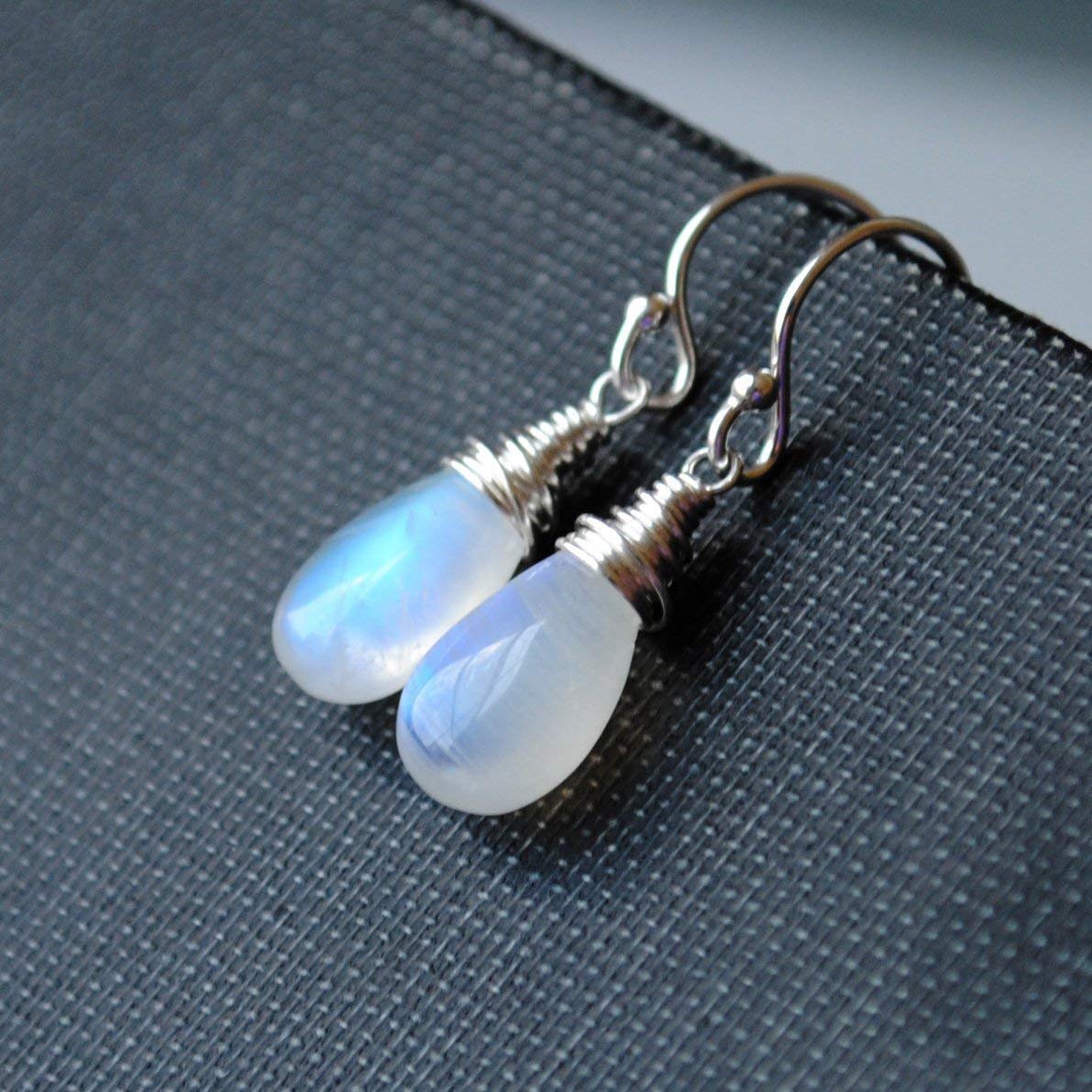 Rainbow Moonstone Drop Earrings Sterling Silver