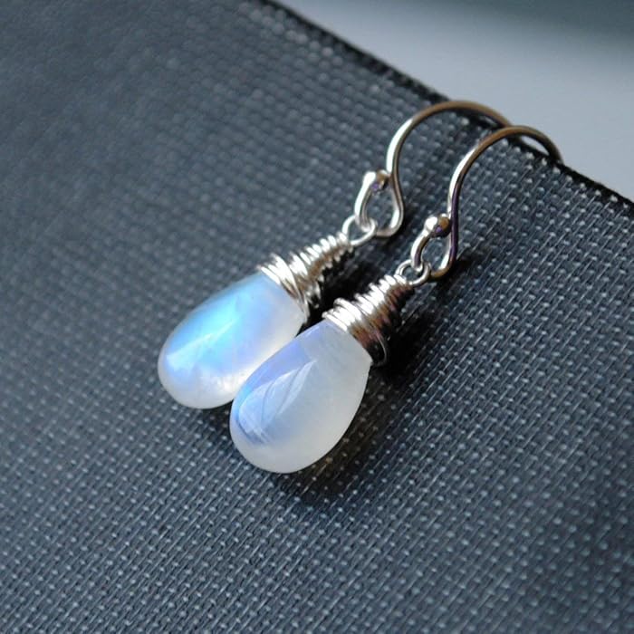 Rainbow Moonstone Drop Earrings Sterling Silver