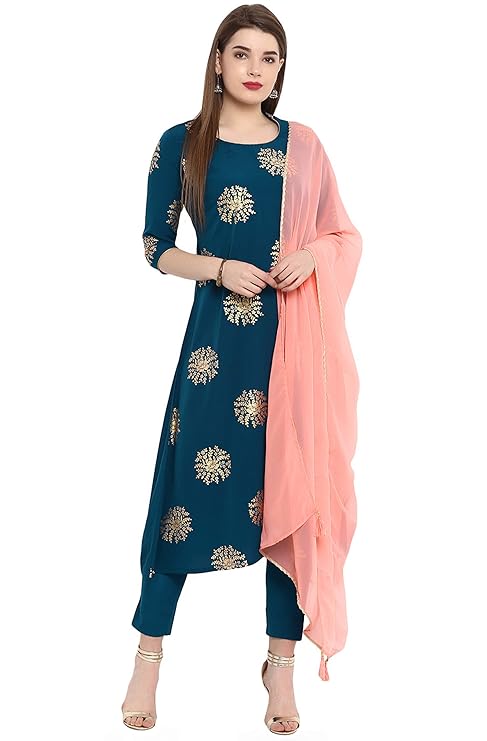 Women's Turquoise Blue Poly Crepe A-Line Kurta With Pant And Dupatta