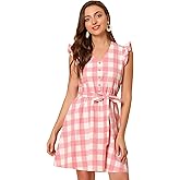 Allegra K Women's Ruffled Sleeve Belted Vintage Check Plaid Casual Summer Dress