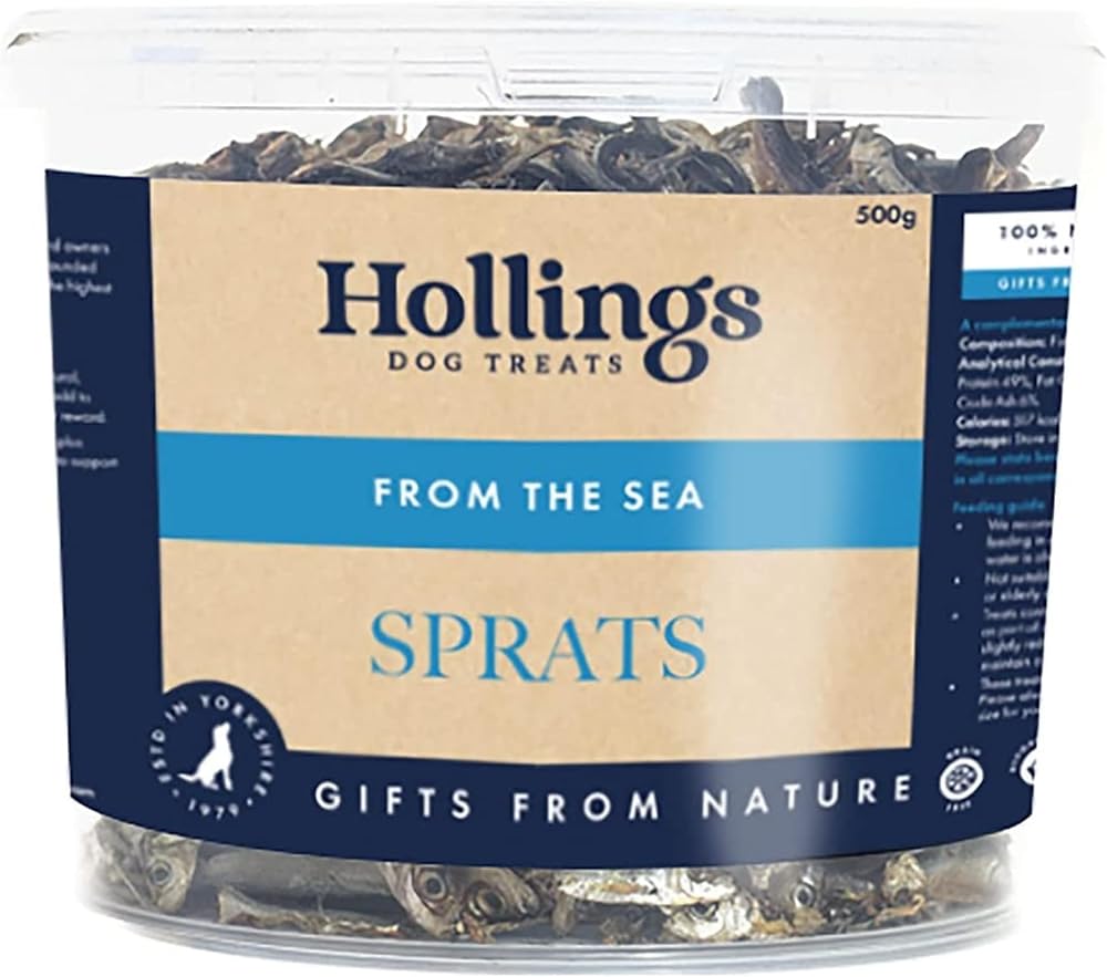 Hollings Sprats Dog Treats Tub 500g 100% Natural Air Dried Fish Grain Free