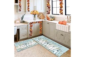 KUKLI KITCHEN Buffalo Plaid Pumpkin Fall Kitchen Mats Set of 2, Home Seasonal Fall Thanksgiving Home Decor Low-Profile Purple Kitchen Rugs for Floor 17"x47"+17"x30"