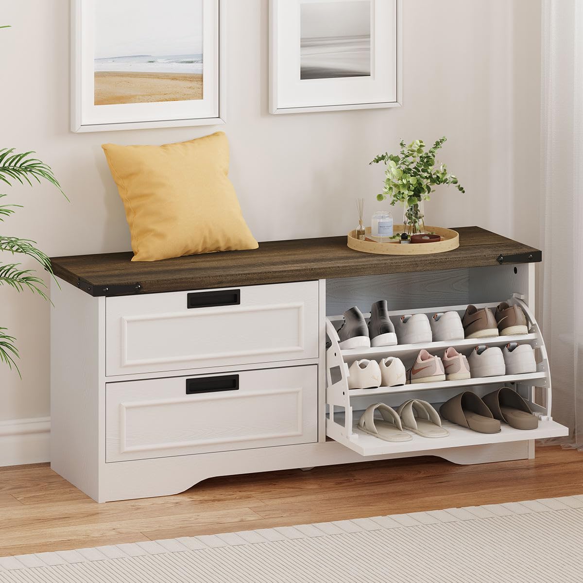 Photo 1 of ** AS IS, FINAL SALE** ATORRI Shoe Storage Bench with Flip Drawer, Wooden Entryway Bench, Modern Shoe Cabinet with Removable Drawers for Hallway, Living Room (Walnut Brown & White Oak)