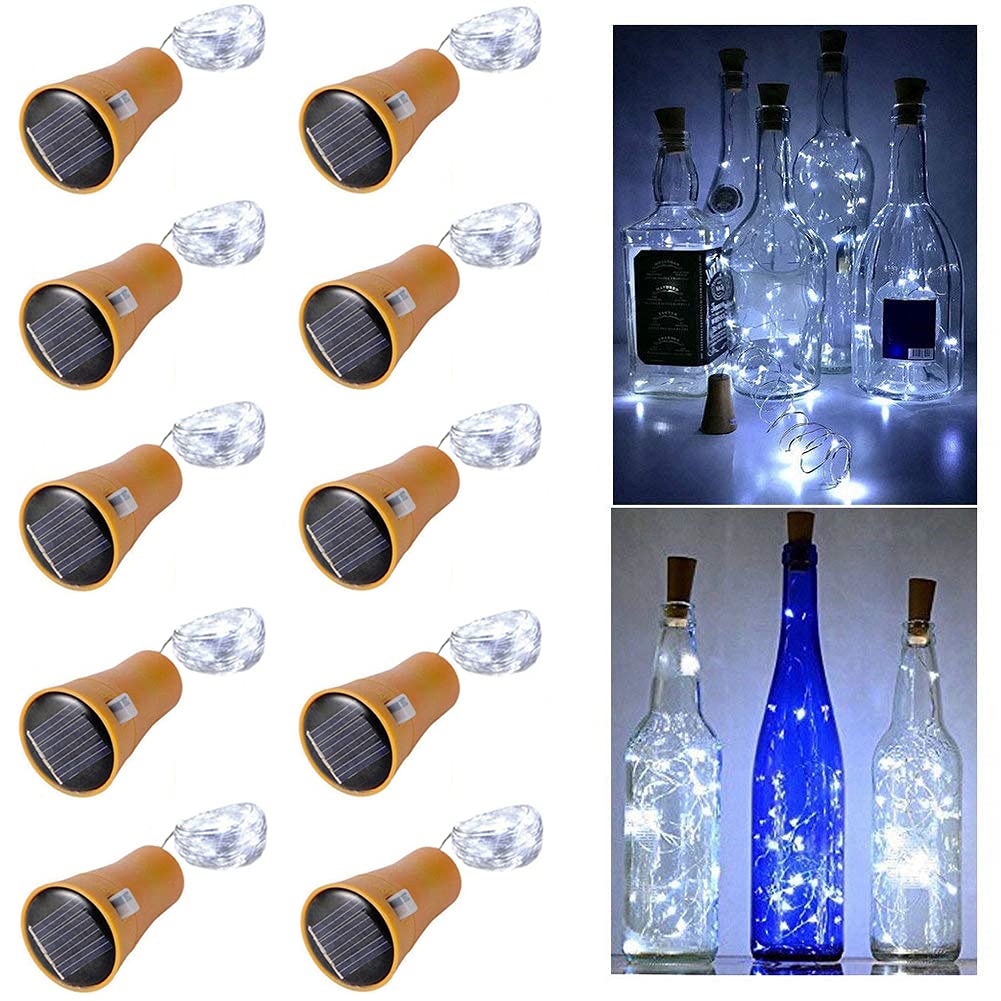 Toifucos Solar Wine Bottle Lights, 10 Pack 20LEDs 2M Copper Cork Shaped Lights Solar Fairy Lights Mini Fairy String Lights for Indoor Outdoor DIY, Party, Wedding, Christmas Decor (White)