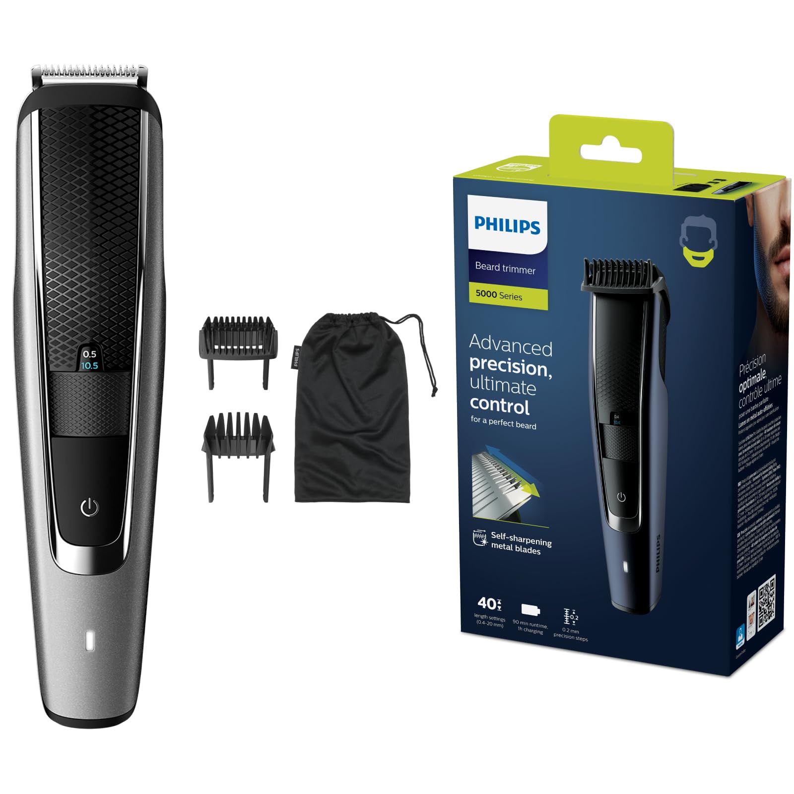 Philips Beard & Stubble Trimmer/Hair Clipper for Men, Series 5000, 40 Length Settings, Self-Sharpening Metal Blades, UK 3-Pin Plug - BT5502/13
