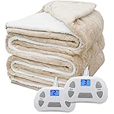 SoLafeel Heated Electric Blanket Queen Size 84"×90" Soft Flannel and Sherpa Warm Blanket Dual Controllers Heating Blanket,10 Heating Levels,Machine Washable,Beige