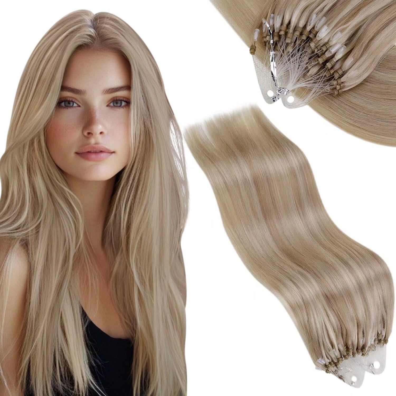 Vivien 24 Inch Micro Beads Extensions Human Hair Blonde Natural Hair Extensions Micro Ring Ash Blonde with Bleach Highlight Long Silky 50s 50g #18/613 โ image 1