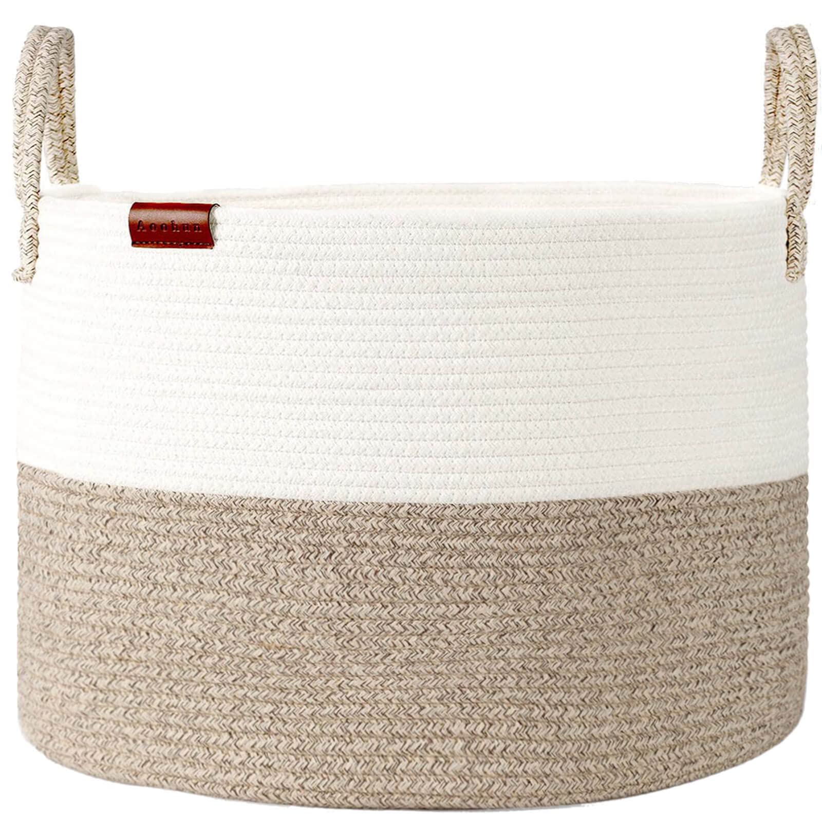 Aoohun Extra Large Laundry Basket, Collapsible Woven Storage Basket Natural Cotton Rope Basket Baby Nursery Organiser with Handle for Storage Towel Toy Blankets Desert 50 x 33 cm