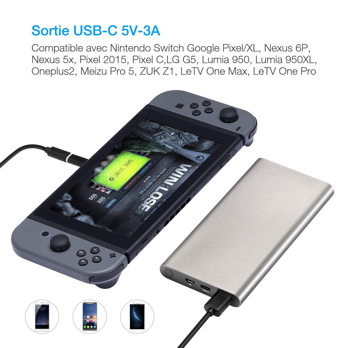 [Quick Charge 3.0] Poweradd 10 000 mAh USB Type-C Grande Capacité Chargeur Batterie Portable de Secours Externe avec sortie 4.8A pour iPhone, iPad, iPod, Samsung, et des autres téléphones(Adaptateur USB-C inclus)-Gris foncé