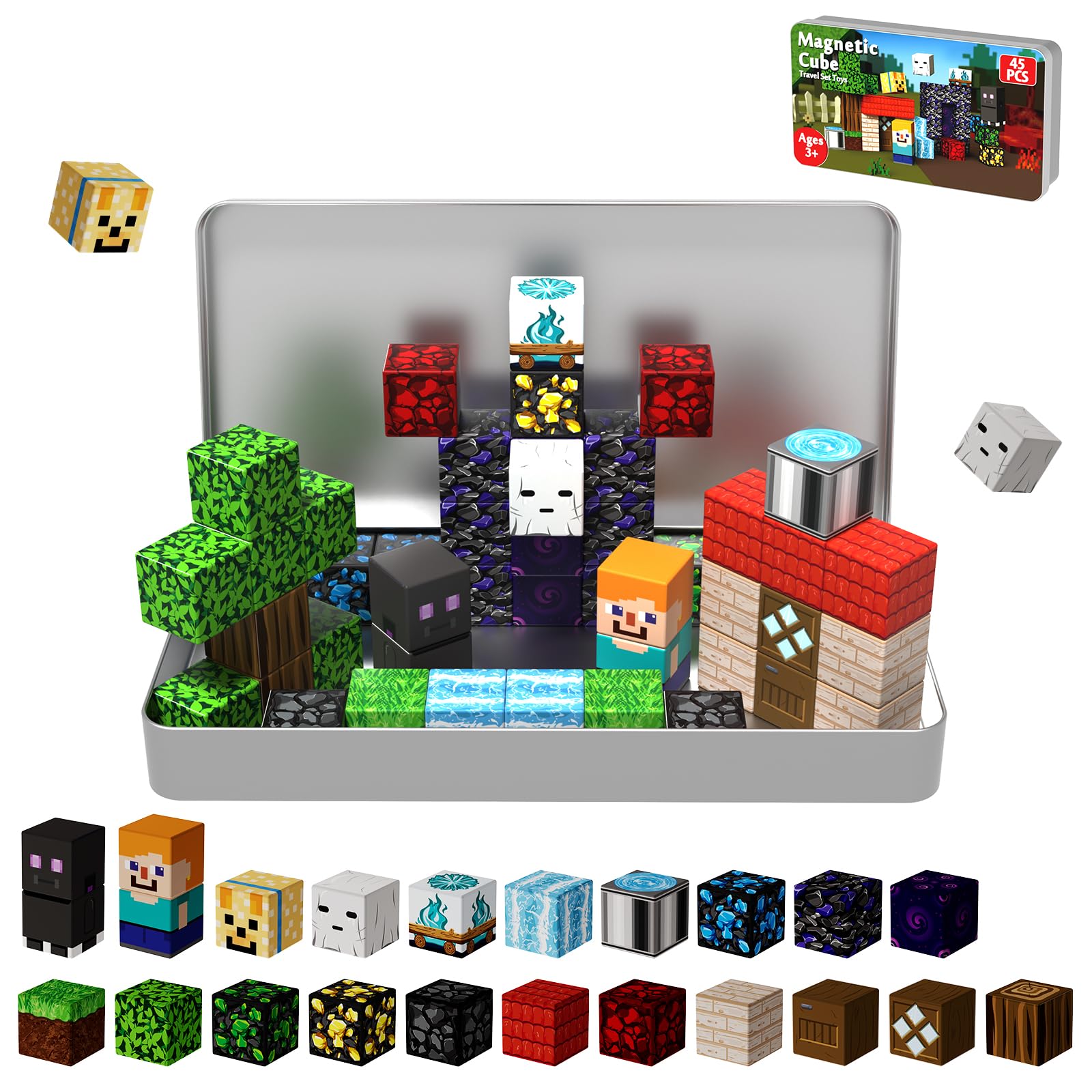 Magnetic Blocks, Toddler Travel Toys with Metal Box, Forest Portal Magnets Building Blocks Tiles Cubes Construction Sensory Toys for Kids Boys Girls Ages 3 4 5 6 7 8 9 10 Birthday Gifts 45PCS — image 1
