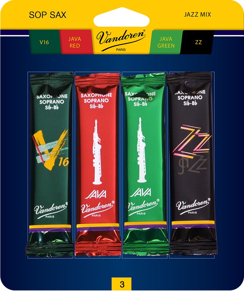Vandoren SRMIXS3 Soprano Sax Jazz Reed Mix Card includes 1 each ZZ, V16, JAVA and JAVA Red Strength 3